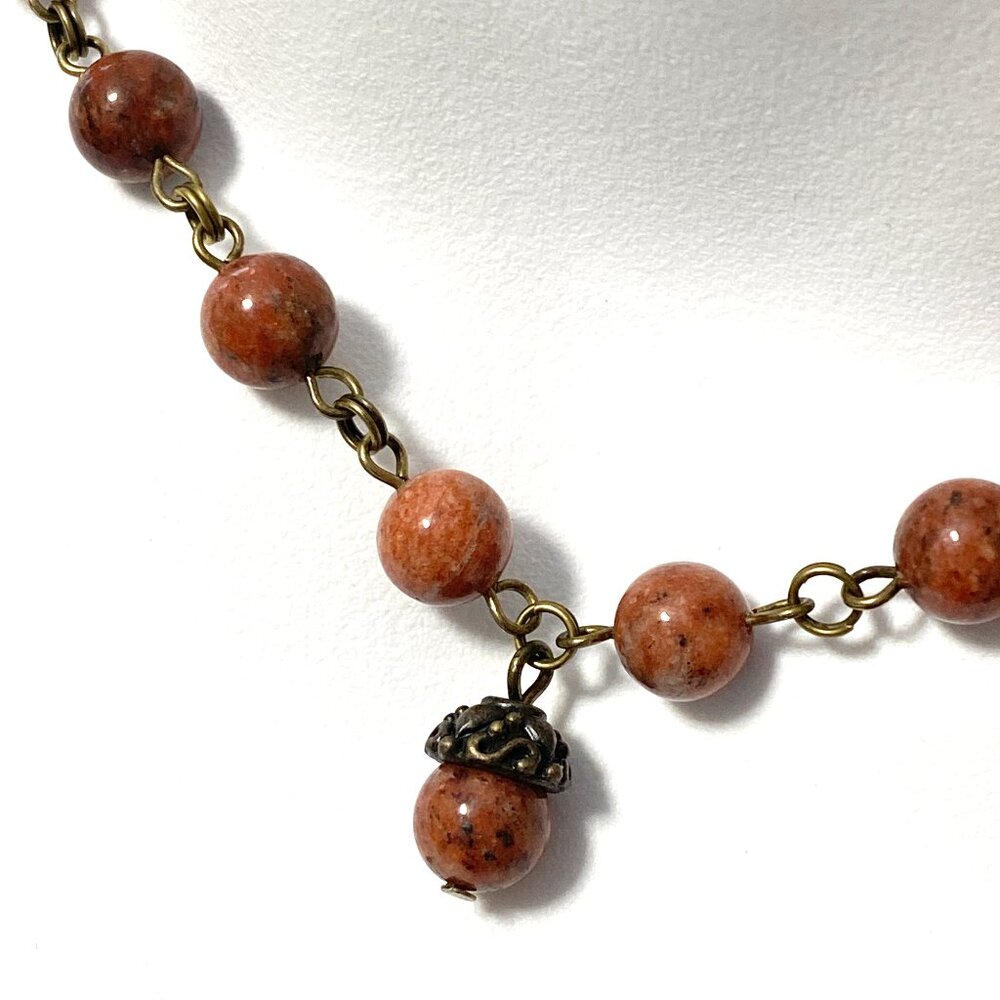 Genuine Red Jasper Short Necklace, Cute Bronze Acorn Charm + Natural Gemstone